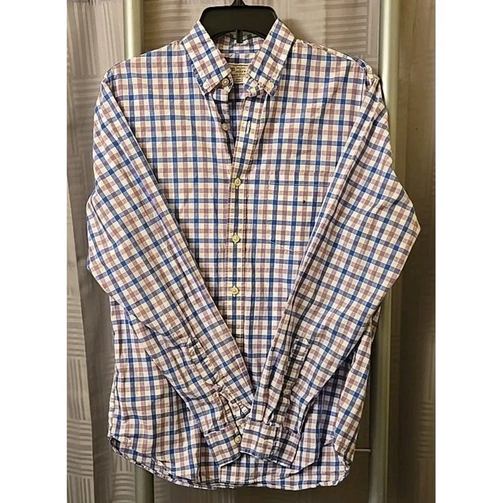 J. Crew Small Men Button Up Blue Purple White Checked Long Sleeve Cotton‎